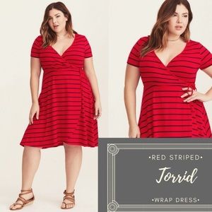 Red and navy faux wrap dress
